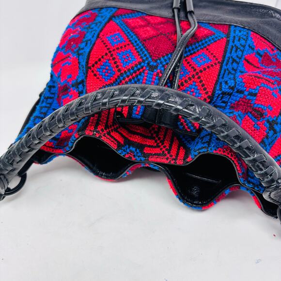 Leather Boho Aztec Western Embroidered Crossbody Bucket Bag Elliott Lucca Black - Picture 7 of 16